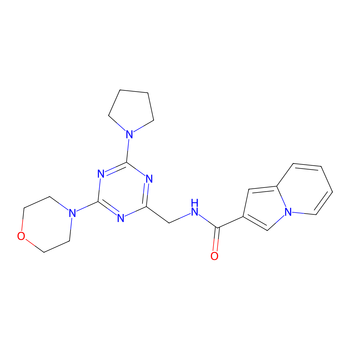 N-((4-morpholino-6-(pyrrolidin-1-yl)-1,3,5-triazin-2-yl)methyl)indolizine-2-carboxamide molecular structure, CAS 2034410-59-6