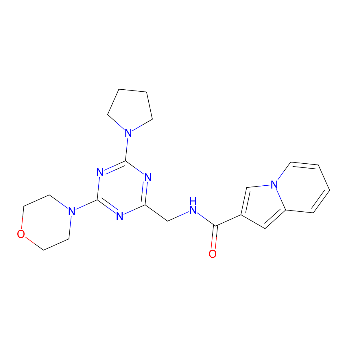 N-((4-morpholino-6-(pyrrolidin-1-yl)-1,3,5-triazin-2-yl)methyl)indolizine-2-carboxamide molecular structure, CAS 2034410-59-6