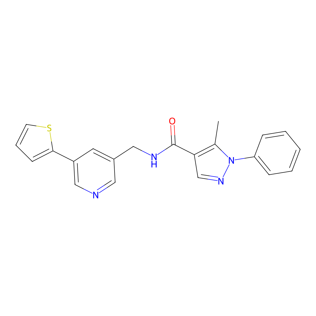 5-methyl-1-phenyl-N-{[5-(thiophen-2-yl)pyridin-3-yl]methyl}-1H-pyrazole-4-carboxamide molecular structure, CAS 2034410-63-2