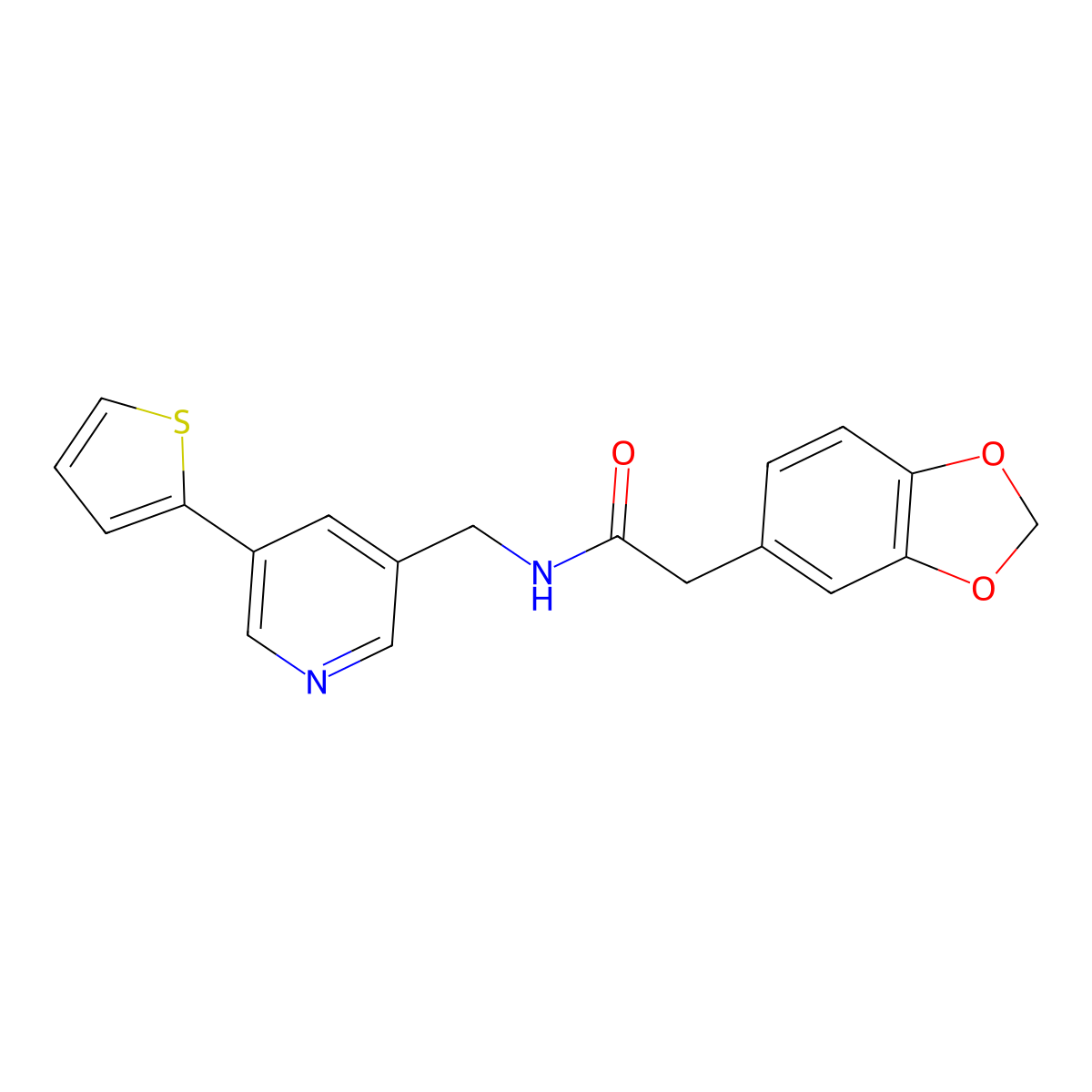 2-(benzo[d][1,3]dioxol-5-yl)-N-((5-(thiophen-2-yl)pyridin-3-yl)methyl)acetamide molecular structure, CAS 2034410-78-9