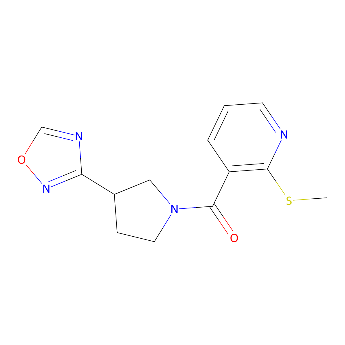 (3-(1,2,4-Oxadiazol-3-yl)pyrrolidin-1-yl)(2-(methylthio)pyridin-3-yl)methanone molecular structure, CAS 2034410-85-8