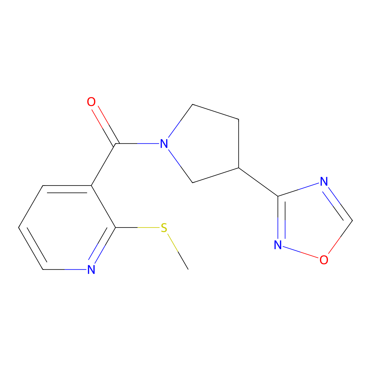 (3-(1,2,4-Oxadiazol-3-yl)pyrrolidin-1-yl)(2-(methylthio)pyridin-3-yl)methanone molecular structure, CAS 2034410-85-8