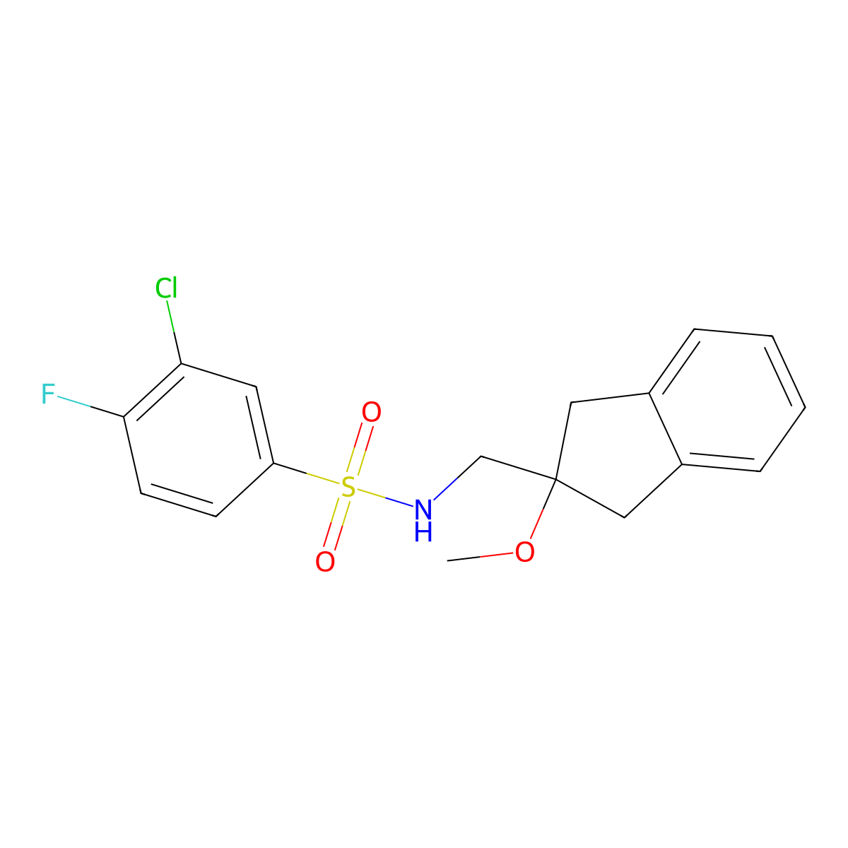 3-chloro-4-fluoro-N-((2-methoxy-2,3-dihydro-1H-inden-2-yl)methyl)benzenesulfonamide molecular structure, CAS 2034410-87-0