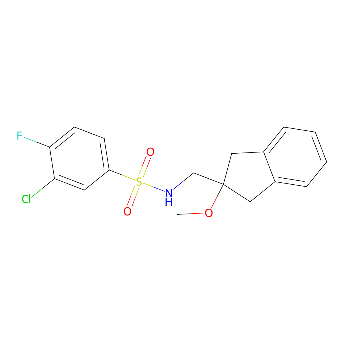 3-chloro-4-fluoro-N-((2-methoxy-2,3-dihydro-1H-inden-2-yl)methyl)benzenesulfonamide molecular structure, CAS 2034410-87-0
