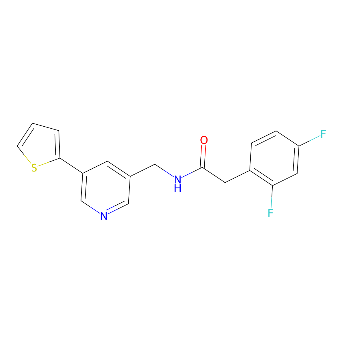 2-(2,4-difluorophenyl)-N-{[5-(thiophen-2-yl)pyridin-3-yl]methyl}acetamide molecular structure, CAS 2034410-90-5