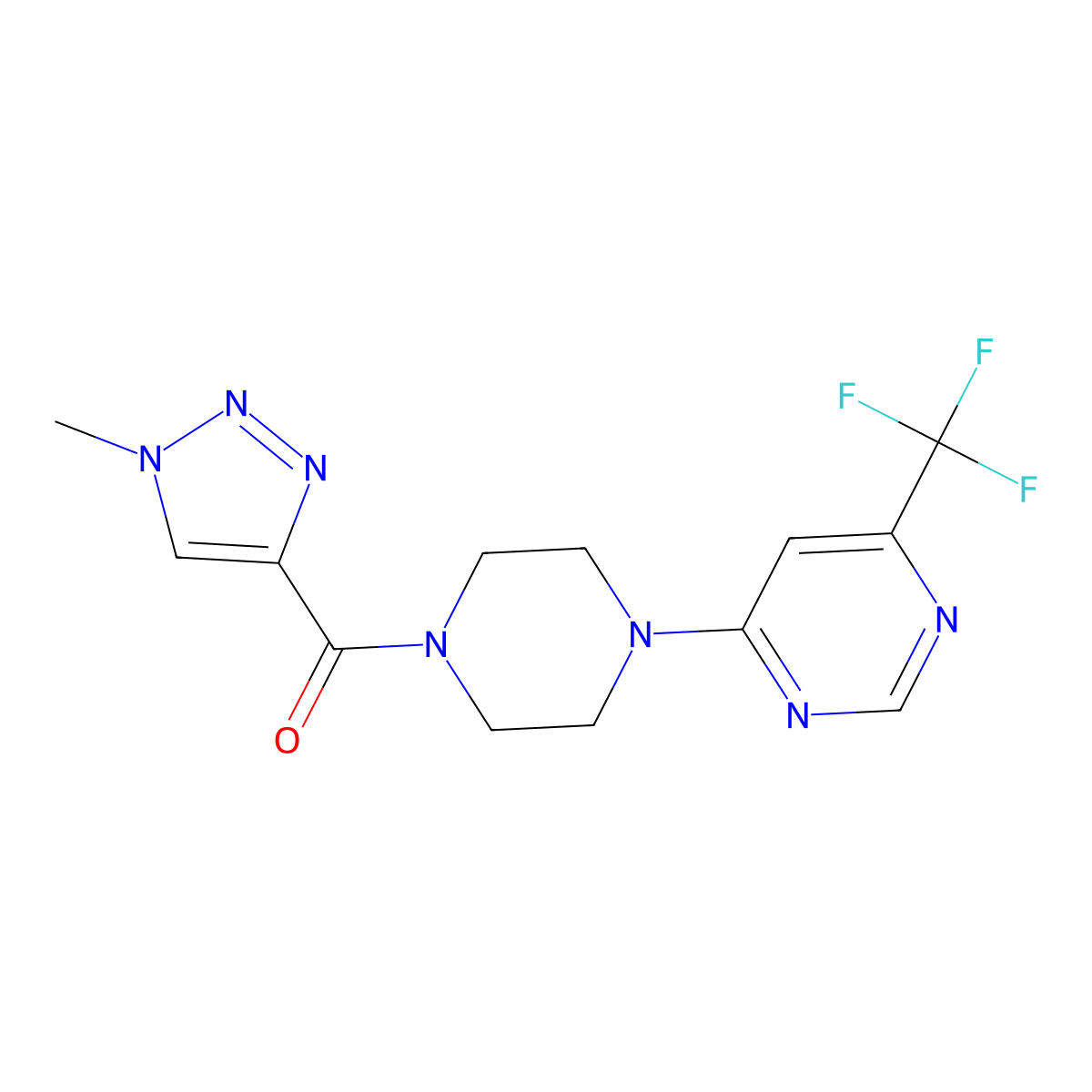 (1-methyl-1H-1,2,3-triazol-4-yl)(4-(6-(trifluoromethyl)pyrimidin-4-yl)piperazin-1-yl)methanone molecular structure, CAS 2034410-99-4