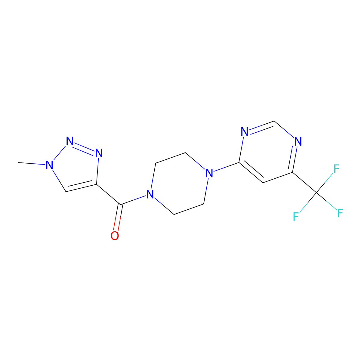 (1-methyl-1H-1,2,3-triazol-4-yl)(4-(6-(trifluoromethyl)pyrimidin-4-yl)piperazin-1-yl)methanone molecular structure, CAS 2034410-99-4