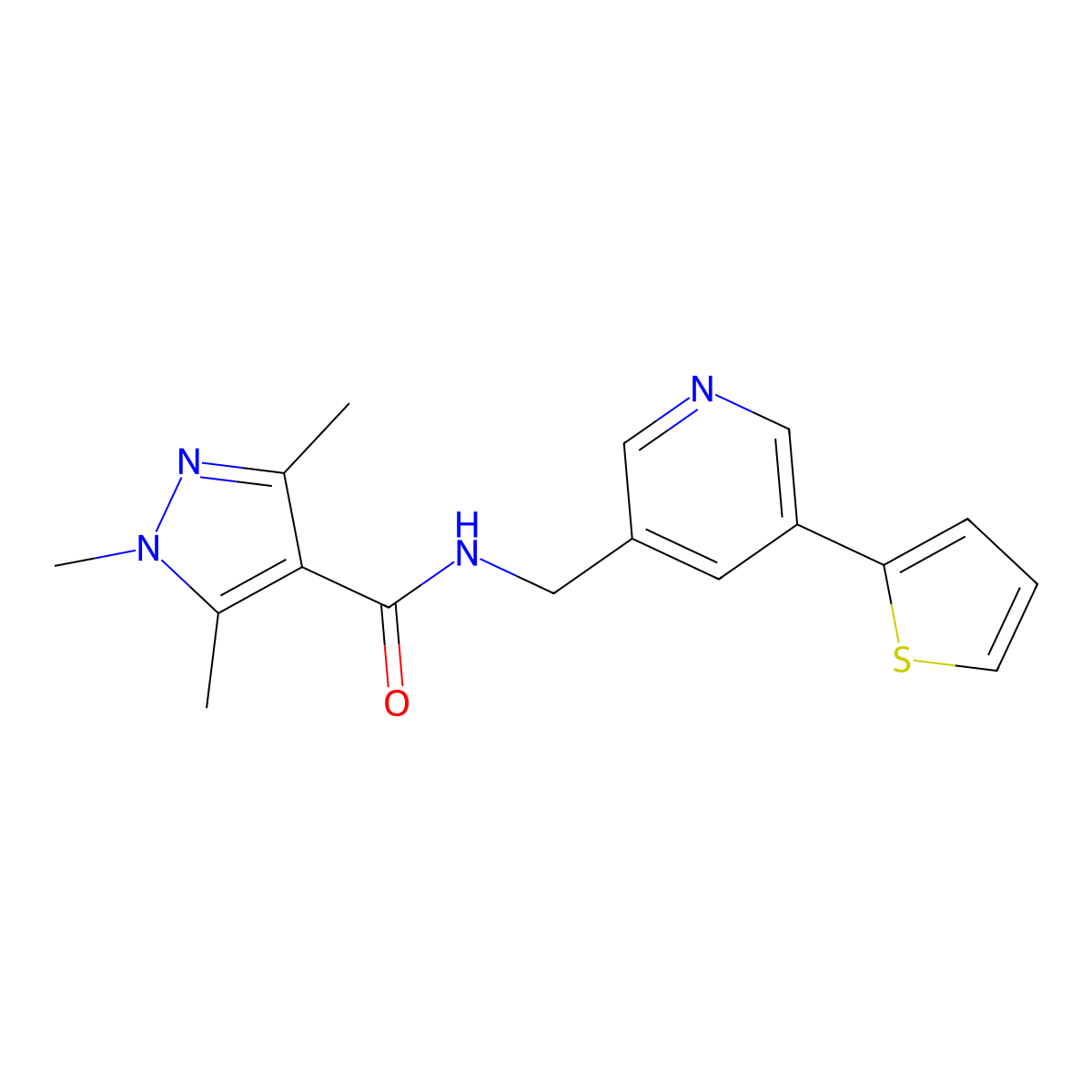 1,3,5-trimethyl-N-{[5-(thiophen-2-yl)pyridin-3-yl]methyl}-1H-pyrazole-4-carboxamide molecular structure, CAS 2034411-04-4