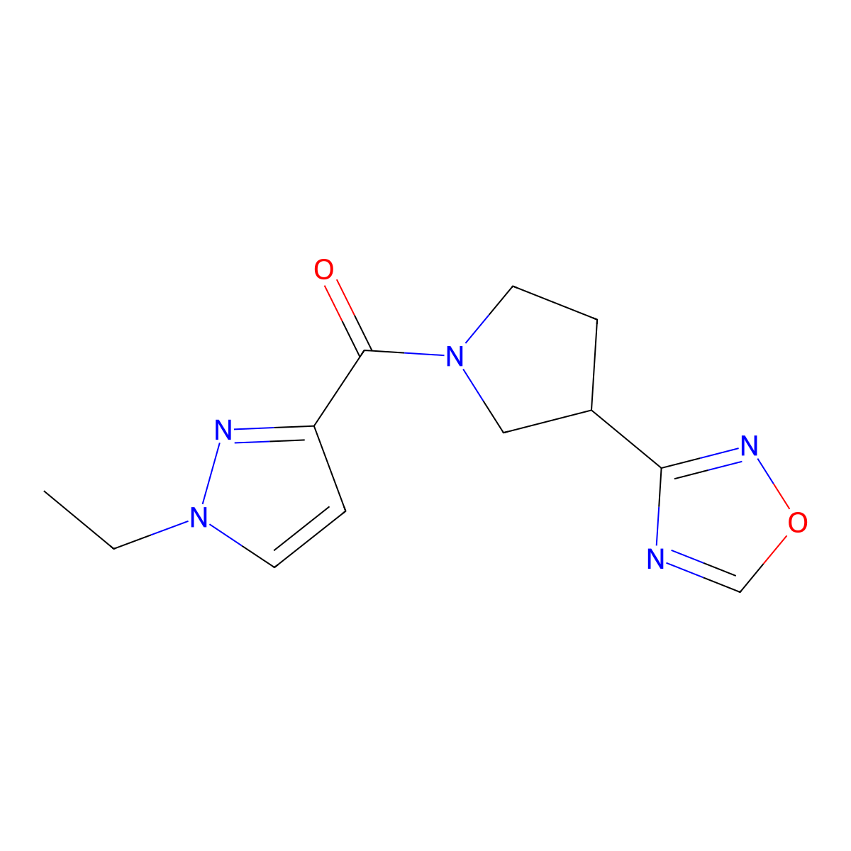 (3-(1,2,4-oxadiazol-3-yl)pyrrolidin-1-yl)(1-ethyl-1H-pyrazol-3-yl)methanone molecular structure, CAS 2034411-05-5