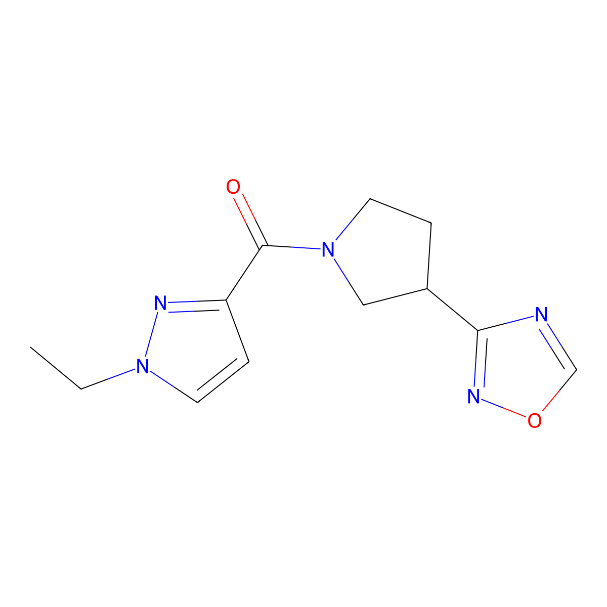 (3-(1,2,4-oxadiazol-3-yl)pyrrolidin-1-yl)(1-ethyl-1H-pyrazol-3-yl)methanone molecular structure, CAS 2034411-05-5