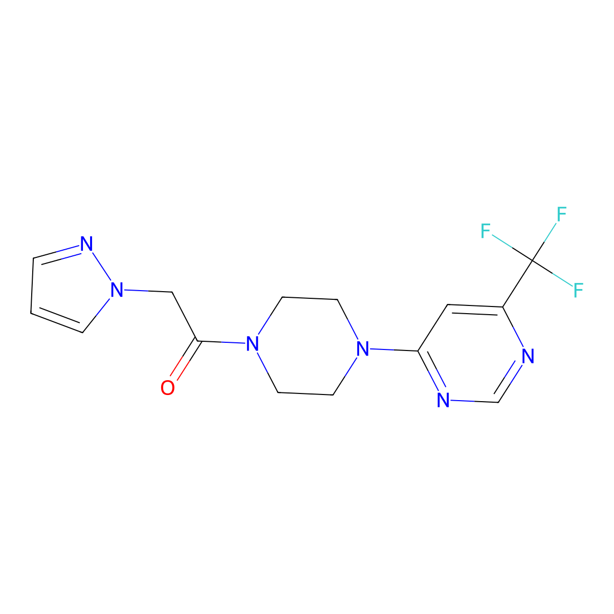 2-(1H-pyrazol-1-yl)-1-(4-(6-(trifluoromethyl)pyrimidin-4-yl)piperazin-1-yl)ethanone molecular structure, CAS 2034411-06-6