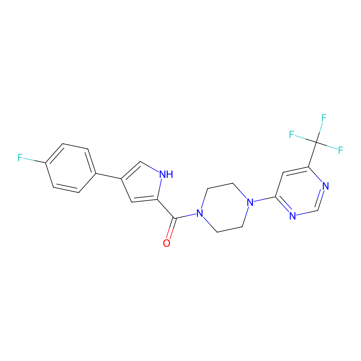 (4-(4-fluorophenyl)-1H-pyrrol-2-yl)(4-(6-(trifluoromethyl)pyrimidin-4-yl)piperazin-1-yl)methanone molecular structure, CAS 2034411-14-6
