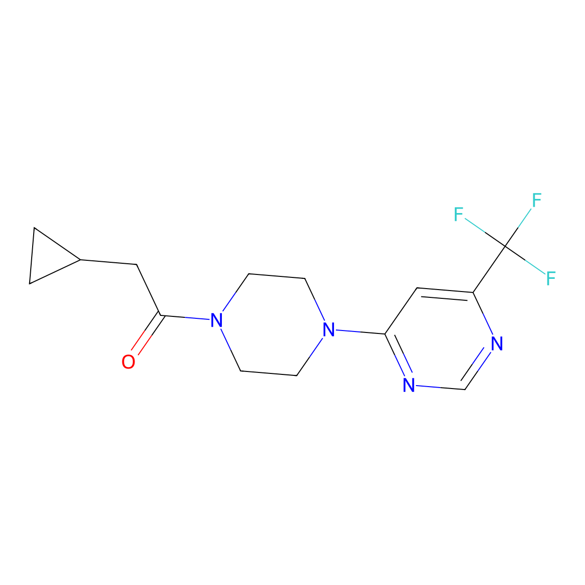 2-Cyclopropyl-1-(4-(6-(trifluoromethyl)pyrimidin-4-yl)piperazin-1-yl)ethanone molecular structure, CAS 2034411-34-0