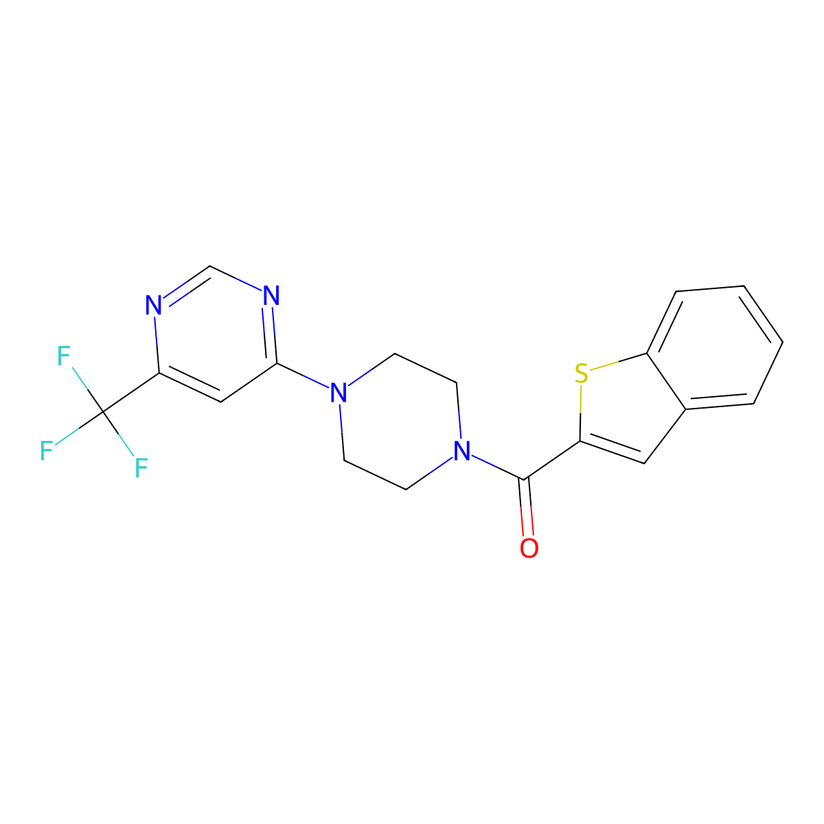 Benzo[b]thiophen-2-yl(4-(6-(trifluoromethyl)pyrimidin-4-yl)piperazin-1-yl)methanone molecular structure, CAS 2034411-41-9