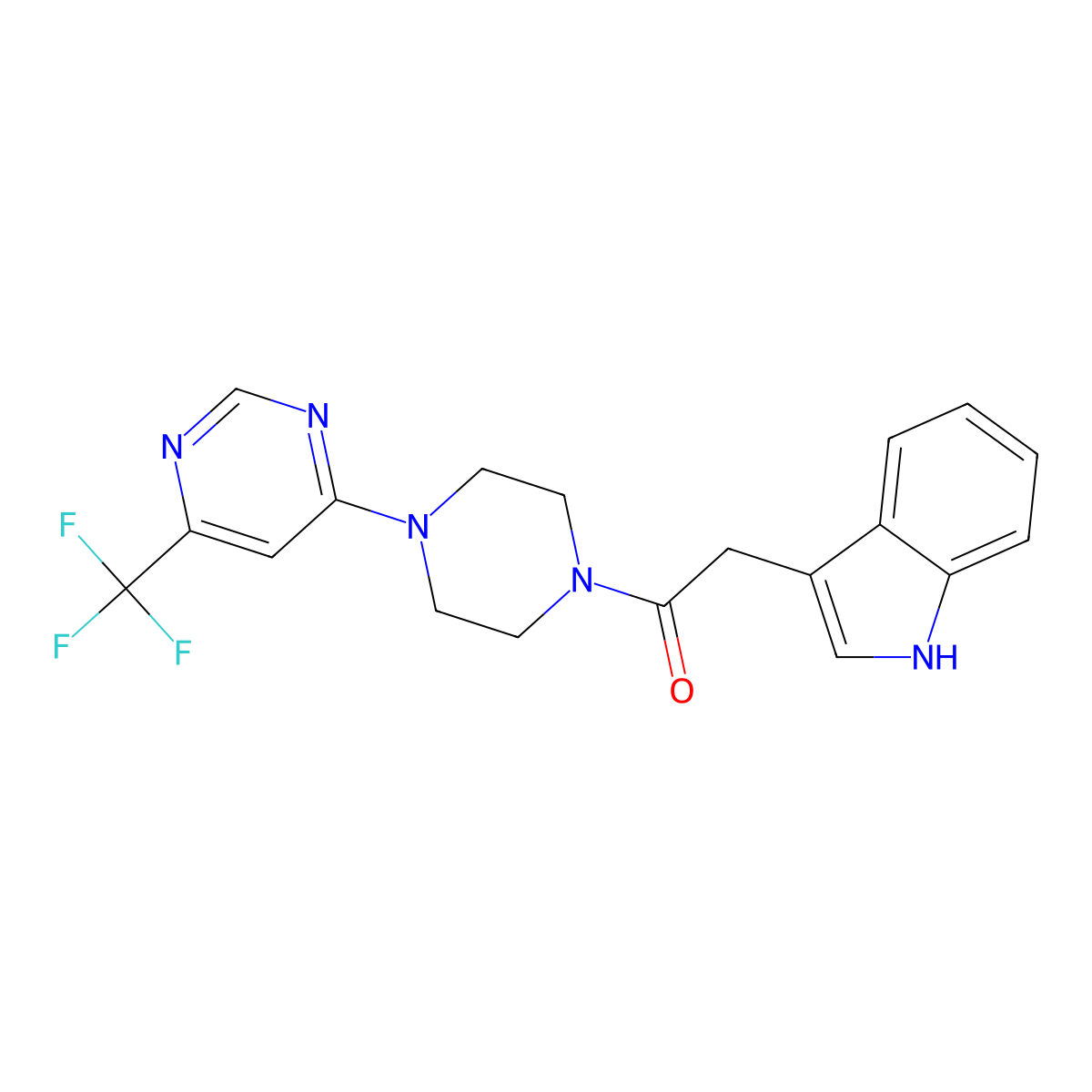 2-(1H-indol-3-yl)-1-(4-(6-(trifluoromethyl)pyrimidin-4-yl)piperazin-1-yl)ethanone molecular structure, CAS 2034411-71-5
