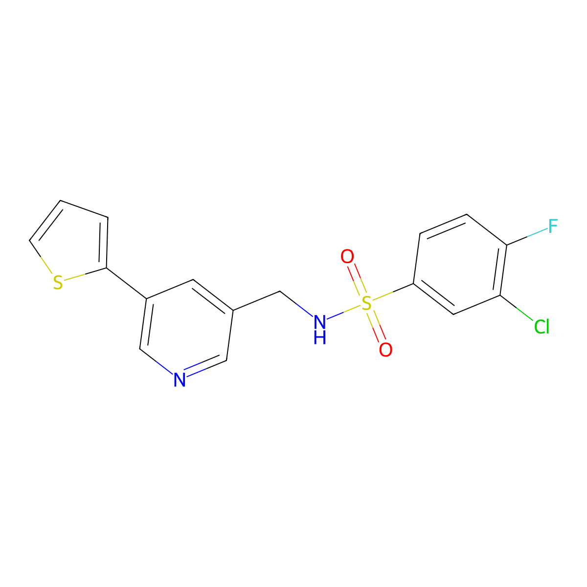 3-chloro-4-fluoro-N-((5-(thiophen-2-yl)pyridin-3-yl)methyl)benzenesulfonamide molecular structure, CAS 2034411-74-8