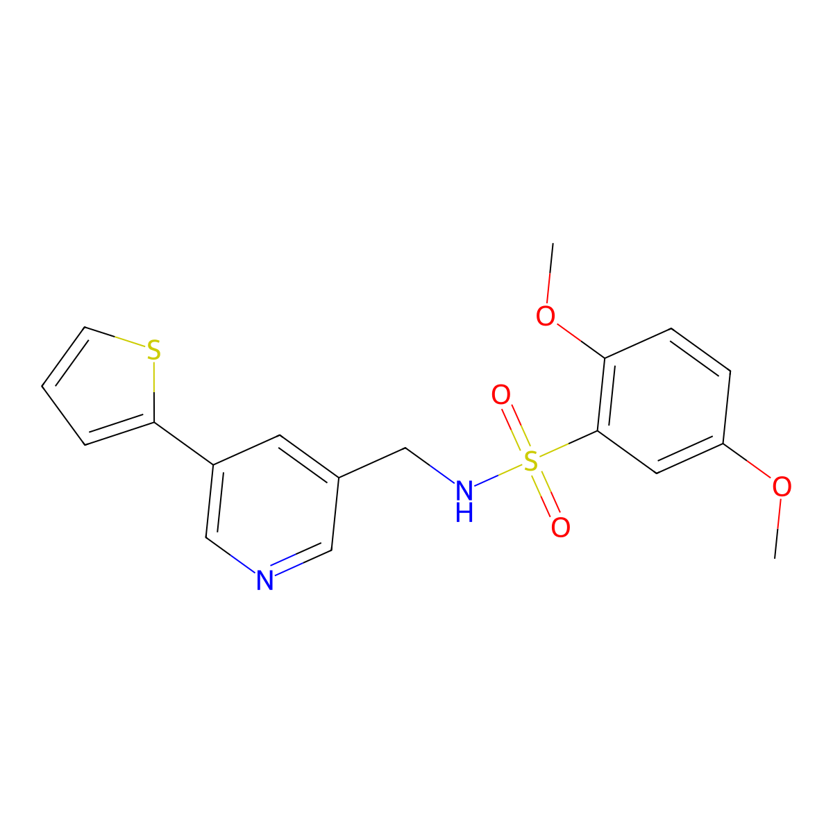 2,5-dimethoxy-N-((5-(thiophen-2-yl)pyridin-3-yl)methyl)benzenesulfonamide molecular structure, CAS 2034411-79-3