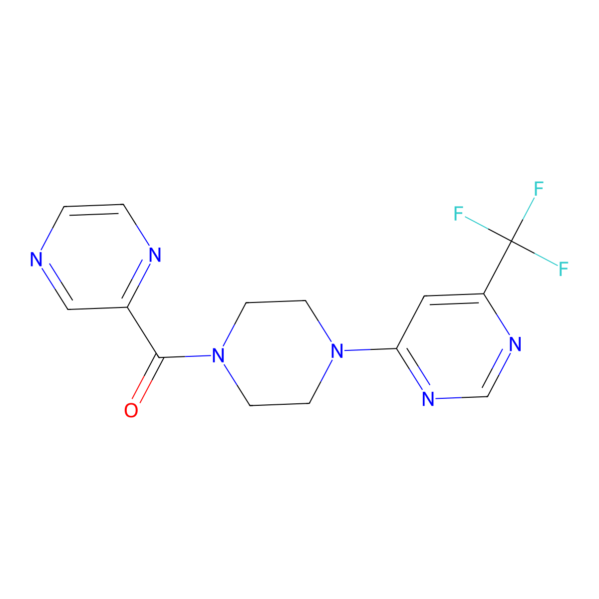 Pyrazin-2-yl(4-(6-(trifluoromethyl)pyrimidin-4-yl)piperazin-1-yl)methanone molecular structure, CAS 2034411-80-6