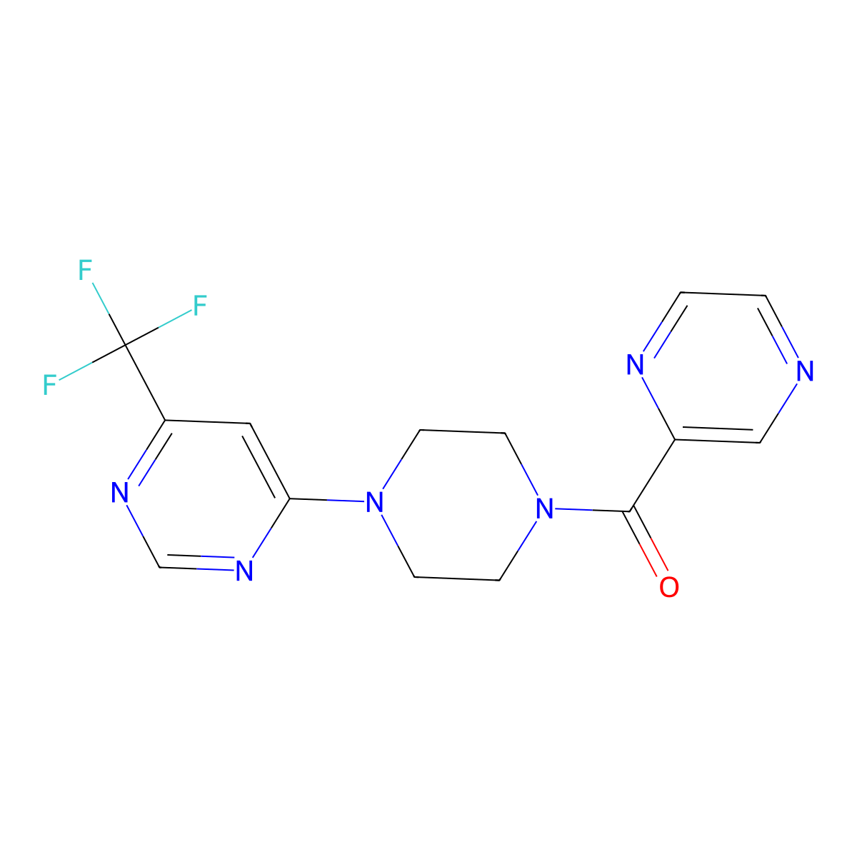 Pyrazin-2-yl(4-(6-(trifluoromethyl)pyrimidin-4-yl)piperazin-1-yl)methanone molecular structure, CAS 2034411-80-6