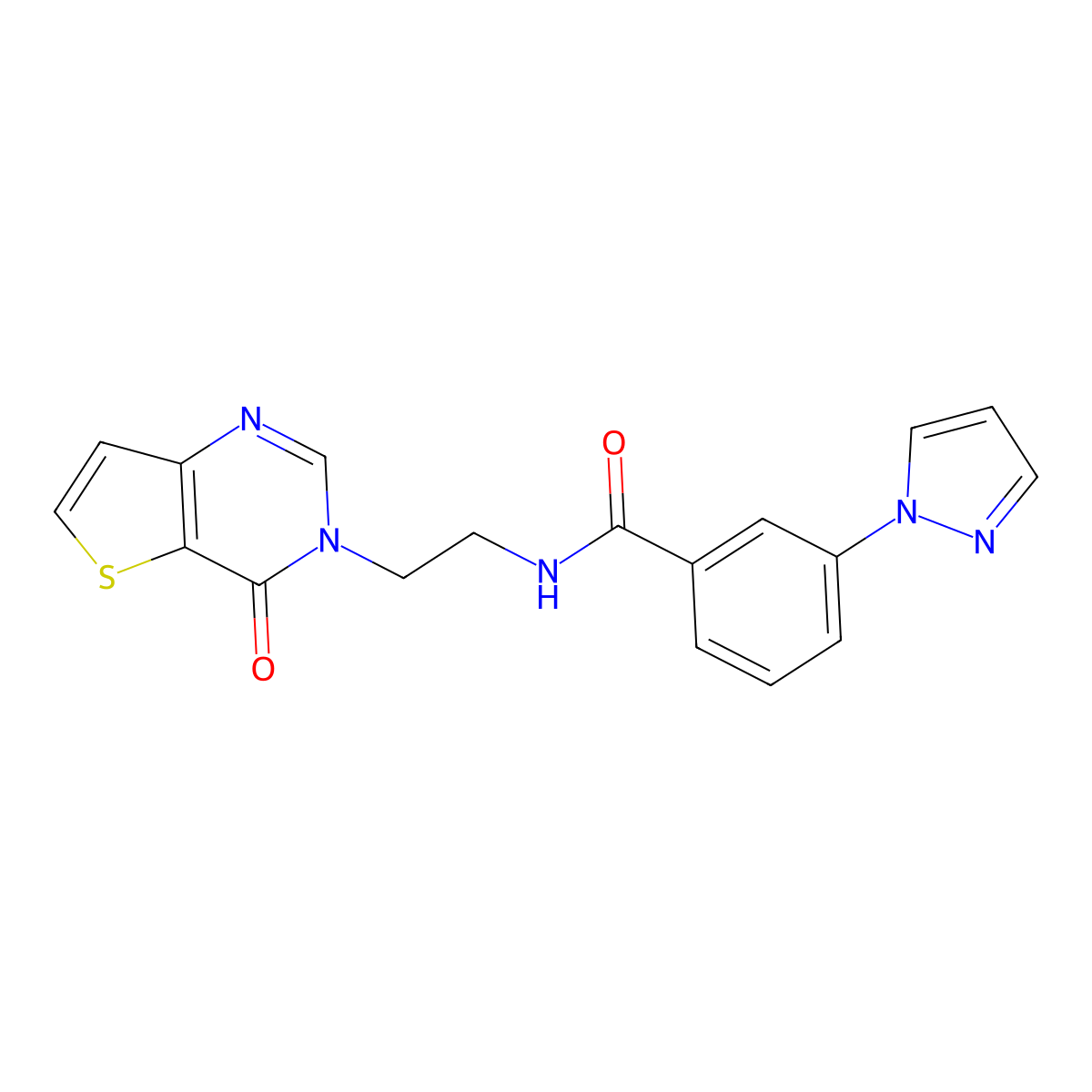 N-(2-(4-oxothieno[3,2-d]pyrimidin-3(4H)-yl)ethyl)-3-(1H-pyrazol-1-yl)benzamide molecular structure, CAS 2034412-11-6