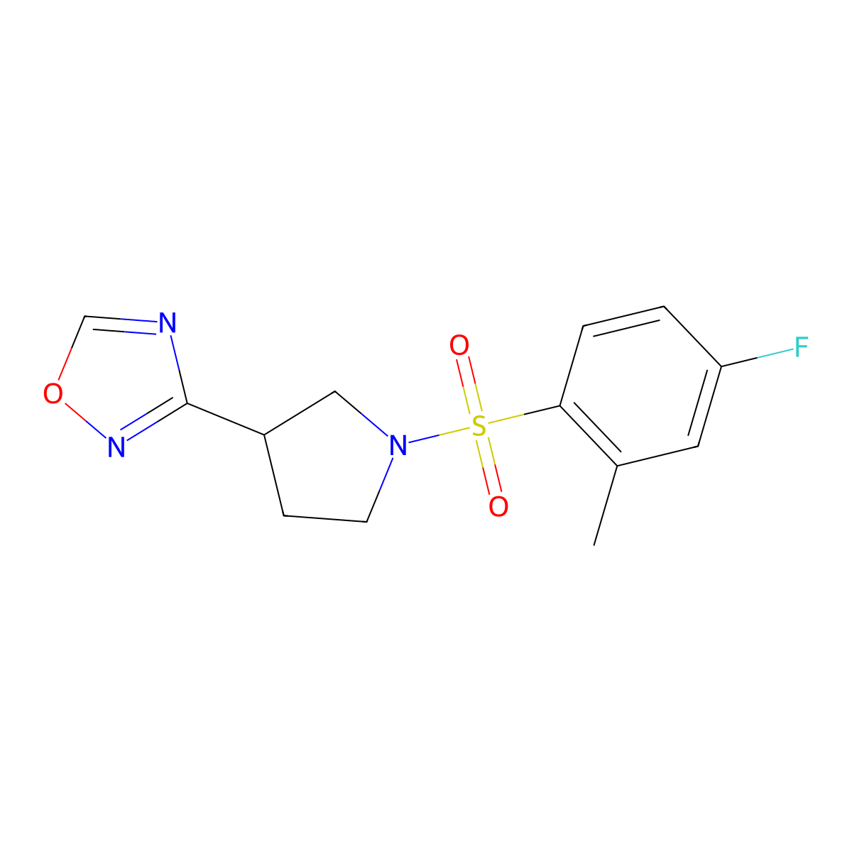 3-(1-((4-Fluoro-2-methylphenyl)sulfonyl)pyrrolidin-3-yl)-1,2,4-oxadiazole molecular structure, CAS 2034412-23-0