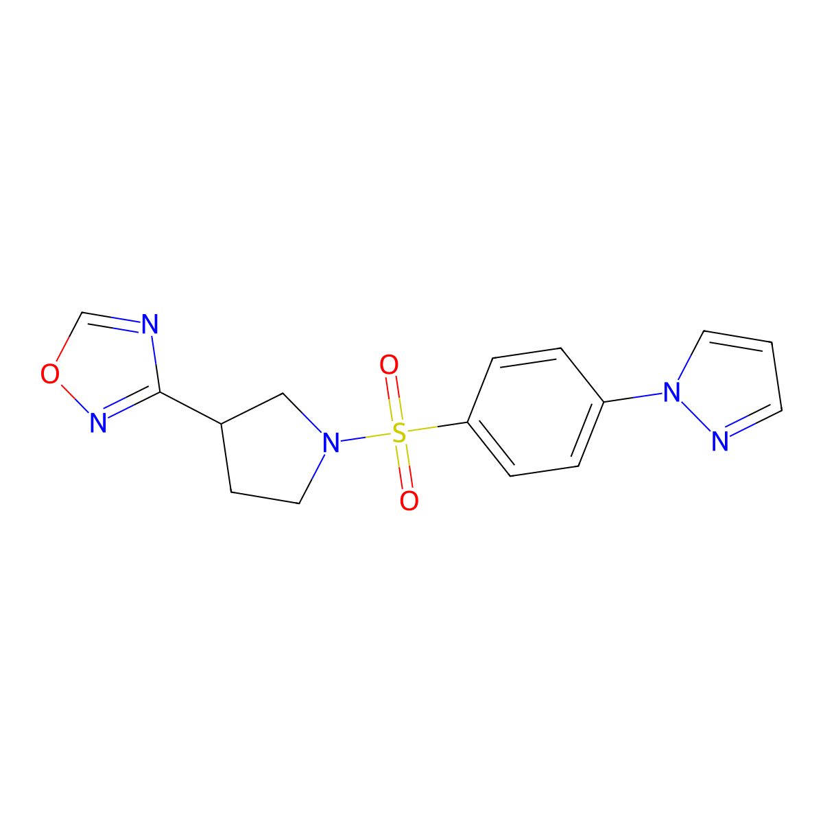3-(1-((4-(1H-pyrazol-1-yl)phenyl)sulfonyl)pyrrolidin-3-yl)-1,2,4-oxadiazole molecular structure, CAS 2034412-30-9