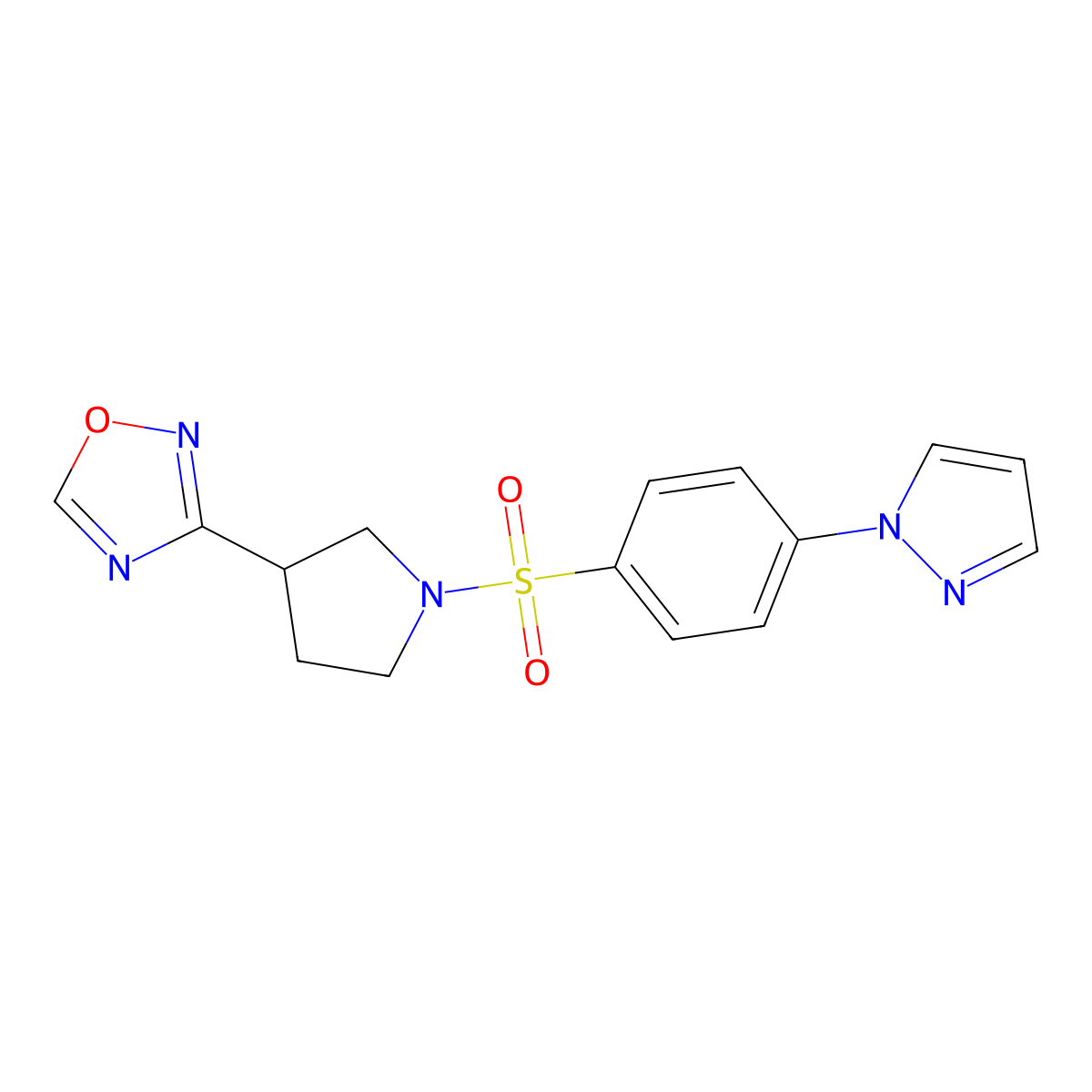 3-(1-((4-(1H-pyrazol-1-yl)phenyl)sulfonyl)pyrrolidin-3-yl)-1,2,4-oxadiazole molecular structure, CAS 2034412-30-9