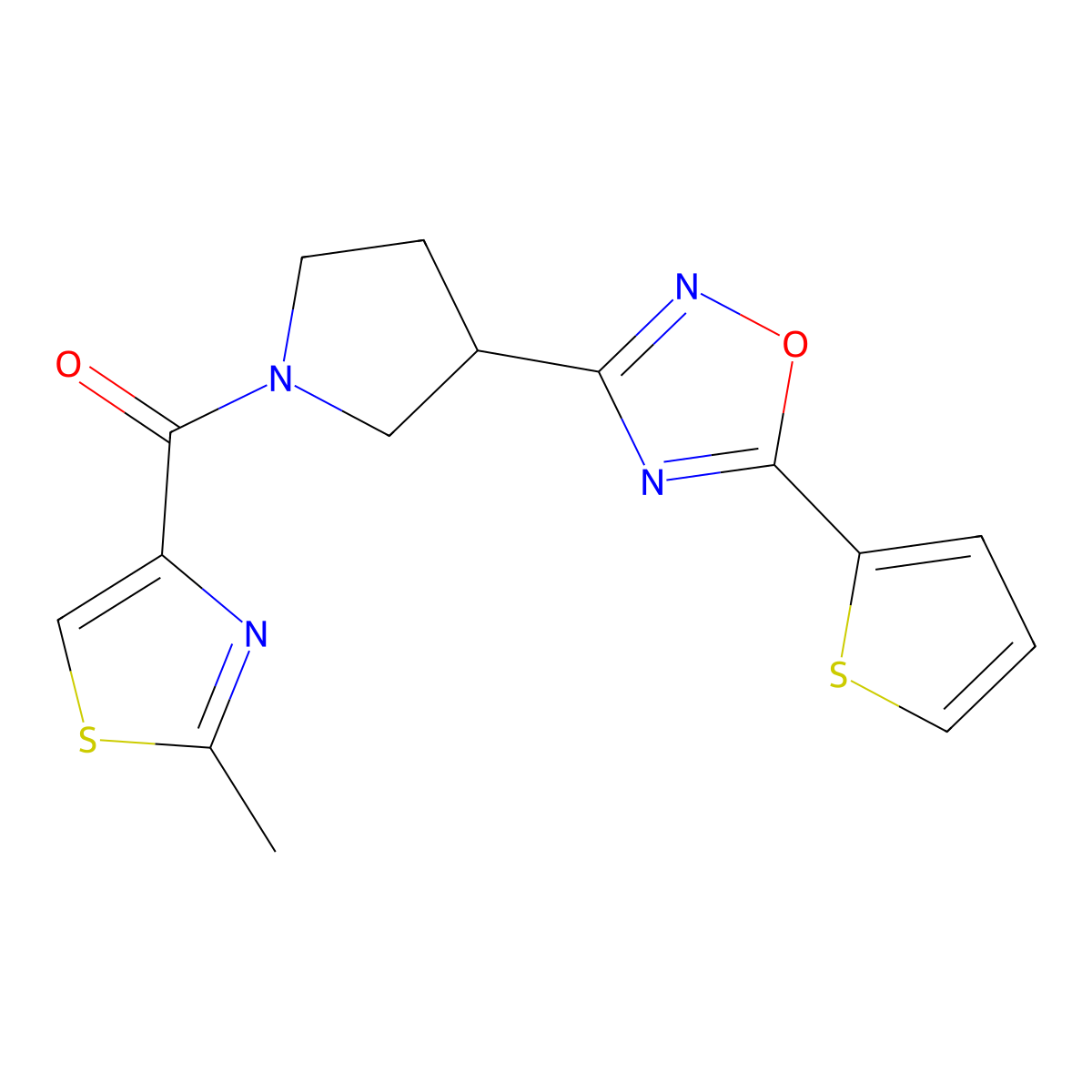 (2-Methylthiazol-4-yl)(3-(5-(thiophen-2-yl)-1,2,4-oxadiazol-3-yl)pyrrolidin-1-yl)methanone molecular structure, CAS 2034412-38-7