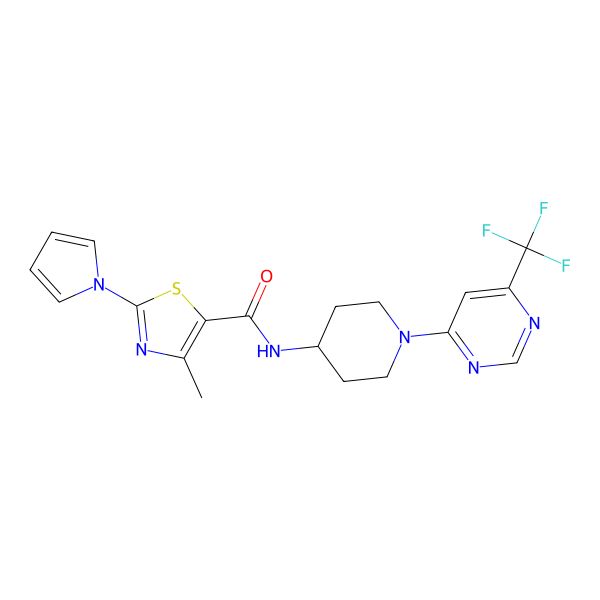 4-methyl-2-(1H-pyrrol-1-yl)-N-(1-(6-(trifluoromethyl)pyrimidin-4-yl)piperidin-4-yl)thiazole-5-carboxamide molecular structure, CAS 2034412-40-1