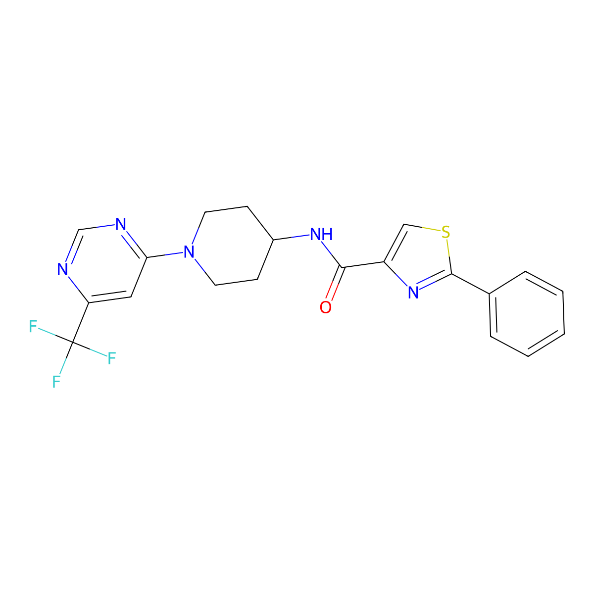 2-phenyl-N-(1-(6-(trifluoromethyl)pyrimidin-4-yl)piperidin-4-yl)thiazole-4-carboxamide molecular structure, CAS 2034412-49-0