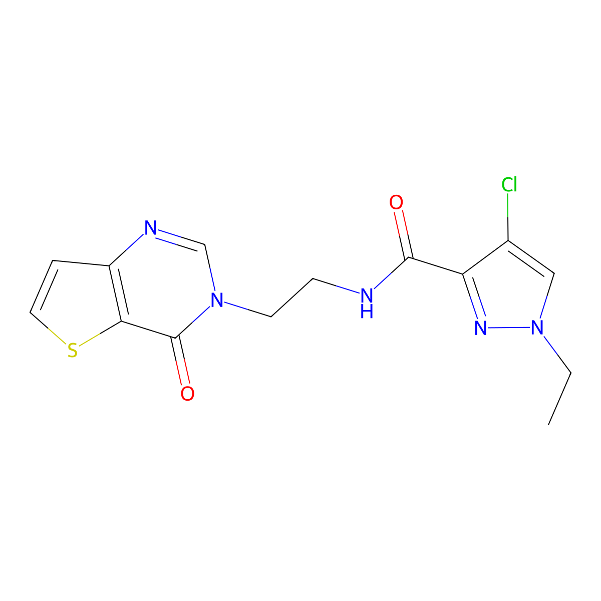 4-chloro-1-ethyl-N-(2-(4-oxothieno[3,2-d]pyrimidin-3(4H)-yl)ethyl)-1H-pyrazole-3-carboxamide molecular structure, CAS 2034412-51-4