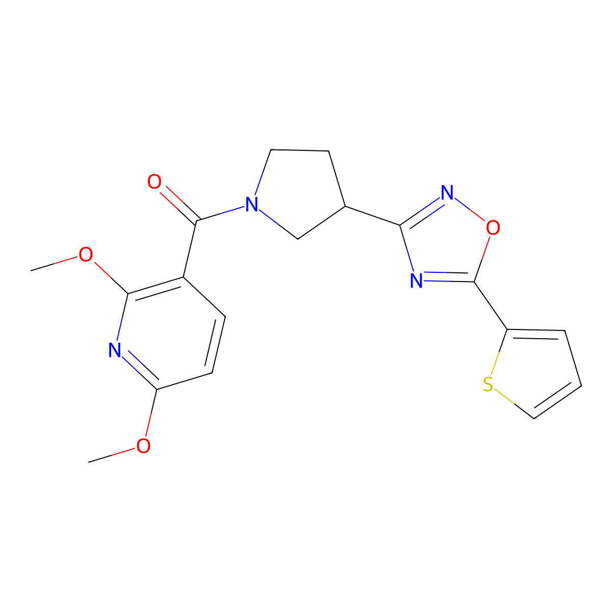 (2,6-Dimethoxypyridin-3-yl)(3-(5-(thiophen-2-yl)-1,2,4-oxadiazol-3-yl)pyrrolidin-1-yl)methanone molecular structure, CAS 2034412-53-6