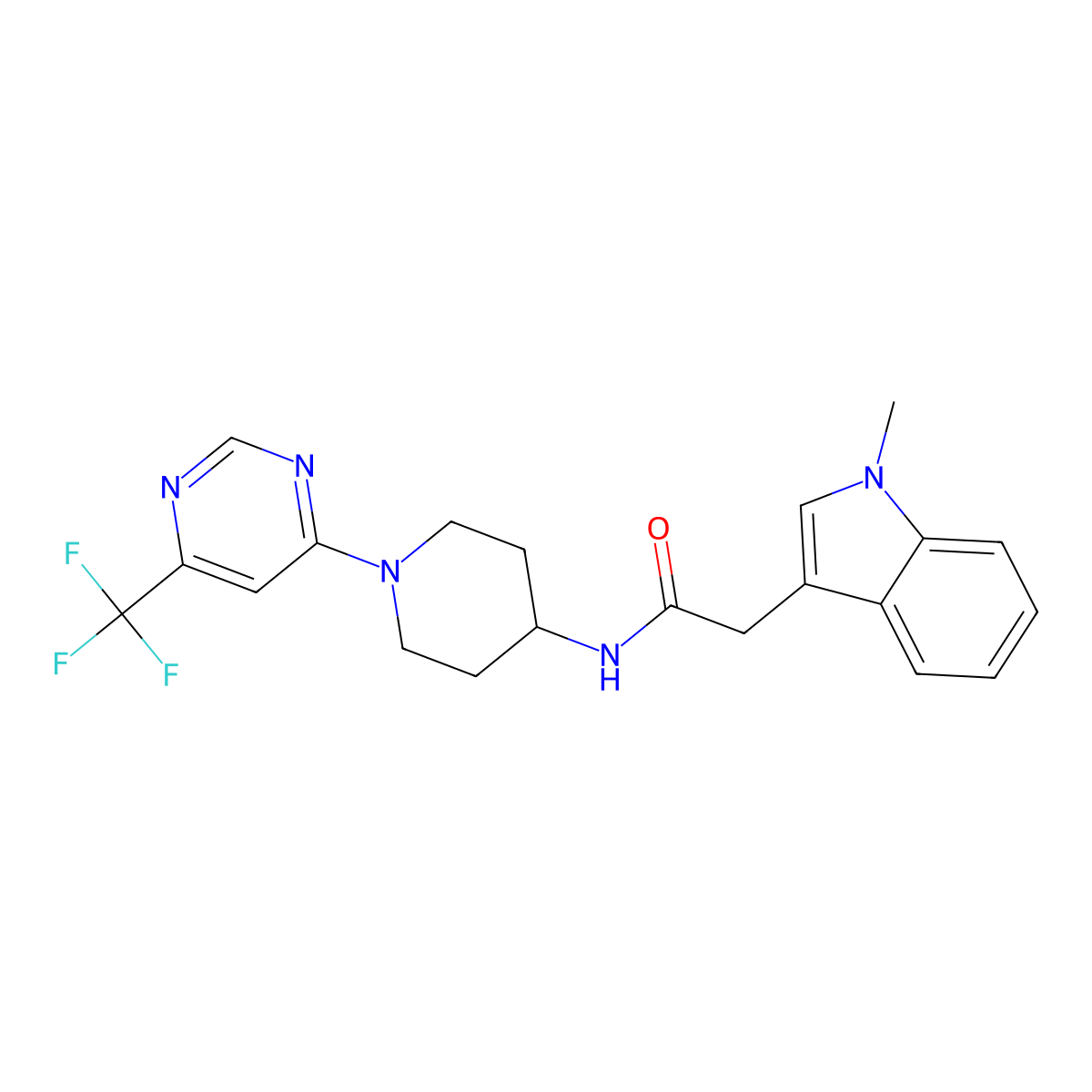 2-(1-methyl-1H-indol-3-yl)-N-{1-[6-(trifluoromethyl)pyrimidin-4-yl]piperidin-4-yl}acetamide molecular structure, CAS 2034412-54-7