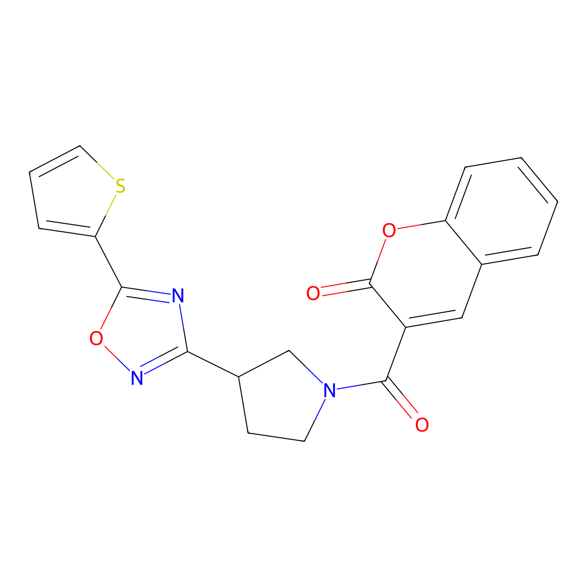 3-(3-(5-(thiophen-2-yl)-1,2,4-oxadiazol-3-yl)pyrrolidine-1-carbonyl)-2H-chromen-2-one molecular structure, CAS 2034412-61-6