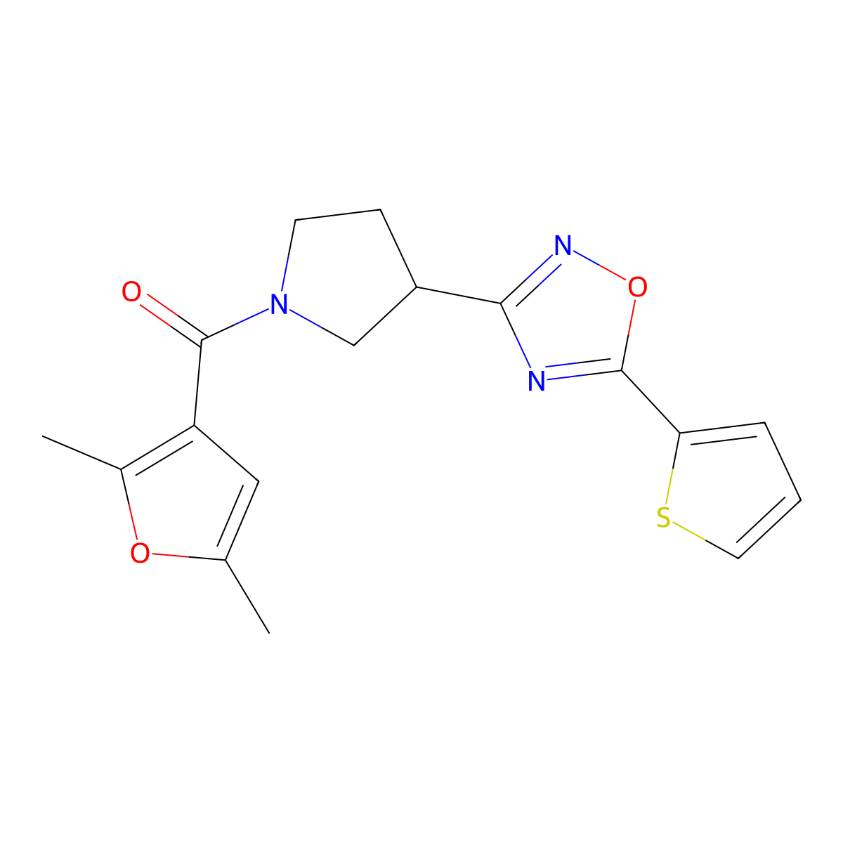 (2,5-Dimethylfuran-3-yl)(3-(5-(thiophen-2-yl)-1,2,4-oxadiazol-3-yl)pyrrolidin-1-yl)methanone molecular structure, CAS 2034412-64-9