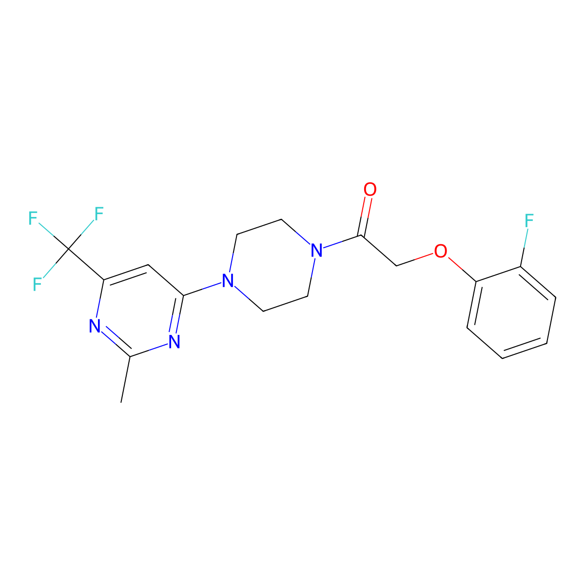 2-(2-Fluorophenoxy)-1-(4-(2-methyl-6-(trifluoromethyl)pyrimidin-4-yl)piperazin-1-yl)ethanone molecular structure, CAS 2034412-65-0