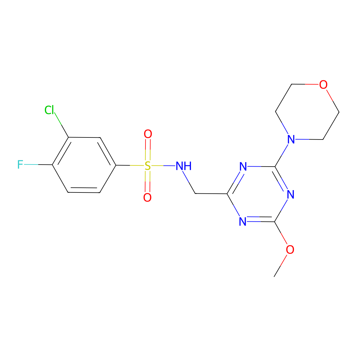 3-chloro-4-fluoro-N-((4-methoxy-6-morpholino-1,3,5-triazin-2-yl)methyl)benzenesulfonamide molecular structure, CAS 2034412-66-1