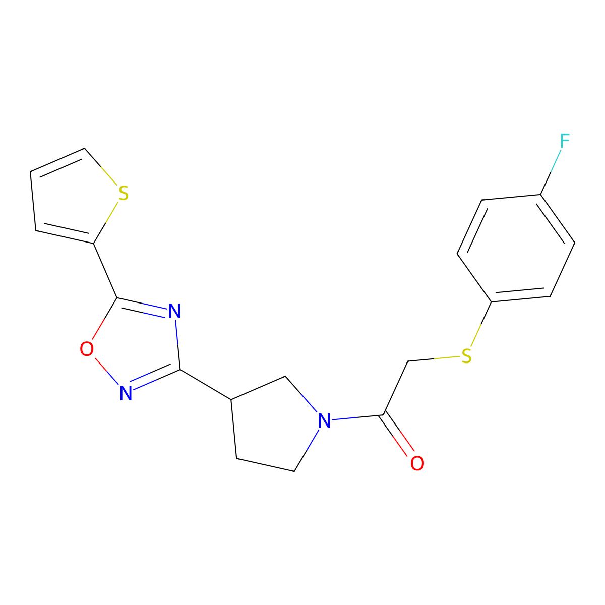 2-((4-Fluorophenyl)thio)-1-(3-(5-(thiophen-2-yl)-1,2,4-oxadiazol-3-yl)pyrrolidin-1-yl)ethanone molecular structure, CAS 2034412-73-0