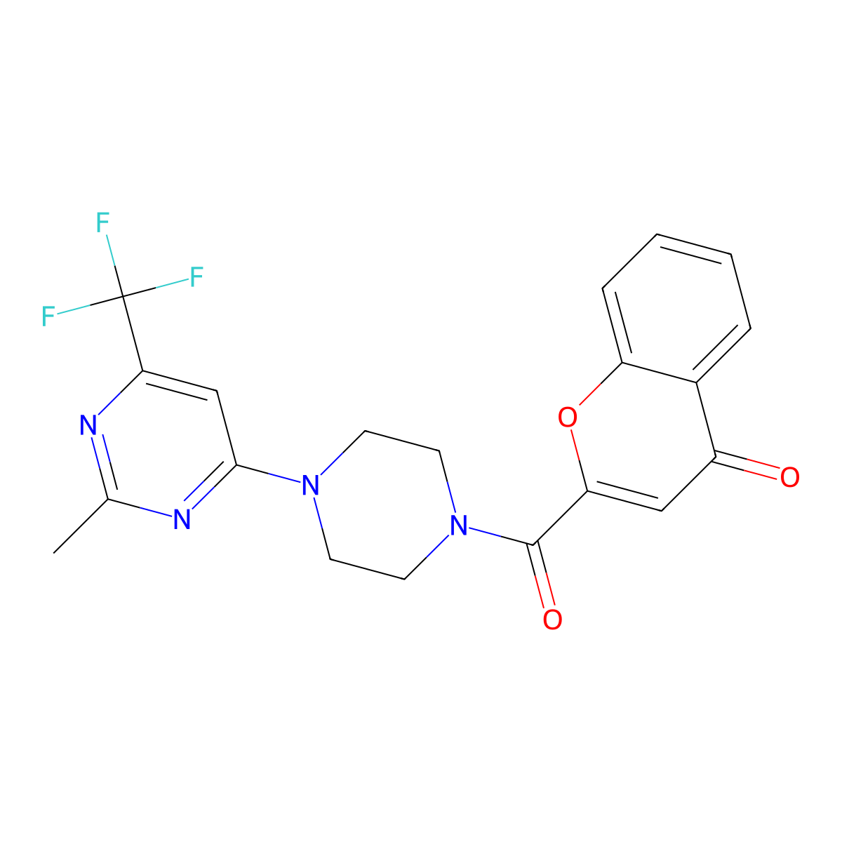 2-(4-(2-methyl-6-(trifluoromethyl)pyrimidin-4-yl)piperazine-1-carbonyl)-4H-chromen-4-one molecular structure, CAS 2034412-75-2