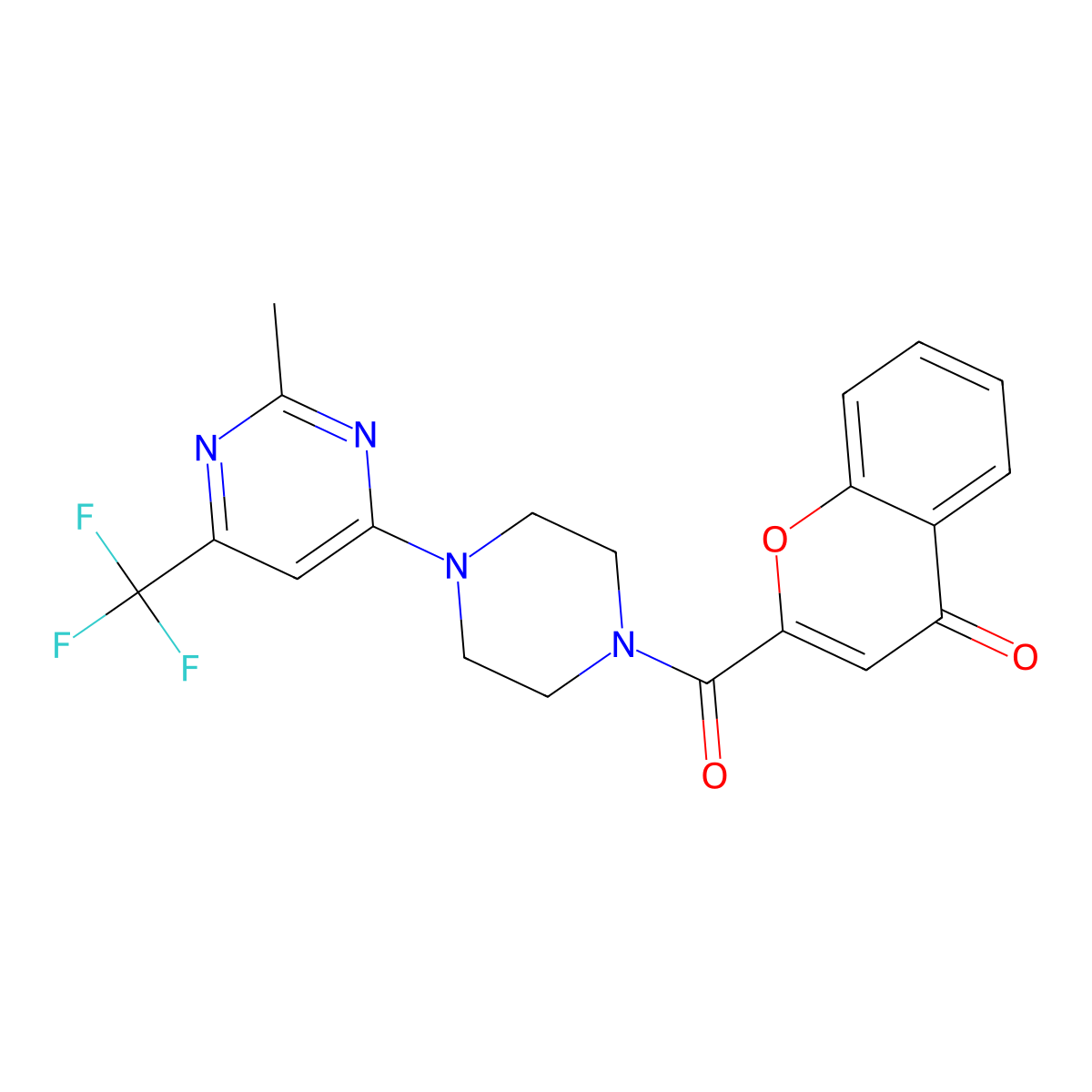 2-(4-(2-methyl-6-(trifluoromethyl)pyrimidin-4-yl)piperazine-1-carbonyl)-4H-chromen-4-one molecular structure, CAS 2034412-75-2