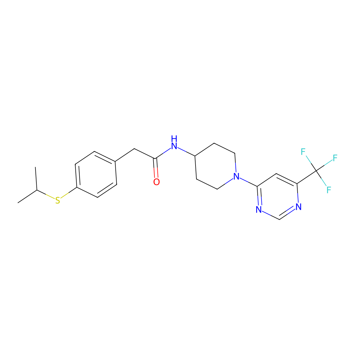 2-(4-(isopropylthio)phenyl)-N-(1-(6-(trifluoromethyl)pyrimidin-4-yl)piperidin-4-yl)acetamide molecular structure, CAS 2034412-77-4