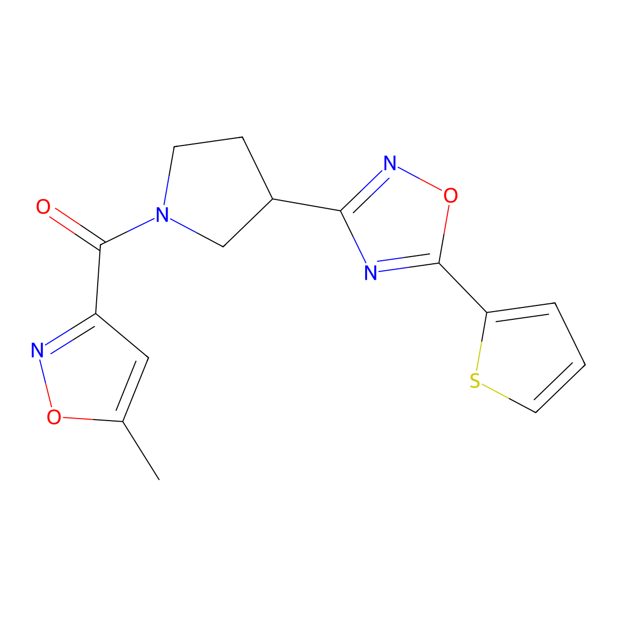 (5-Methylisoxazol-3-yl)(3-(5-(thiophen-2-yl)-1,2,4-oxadiazol-3-yl)pyrrolidin-1-yl)methanone molecular structure, CAS 2034412-79-6