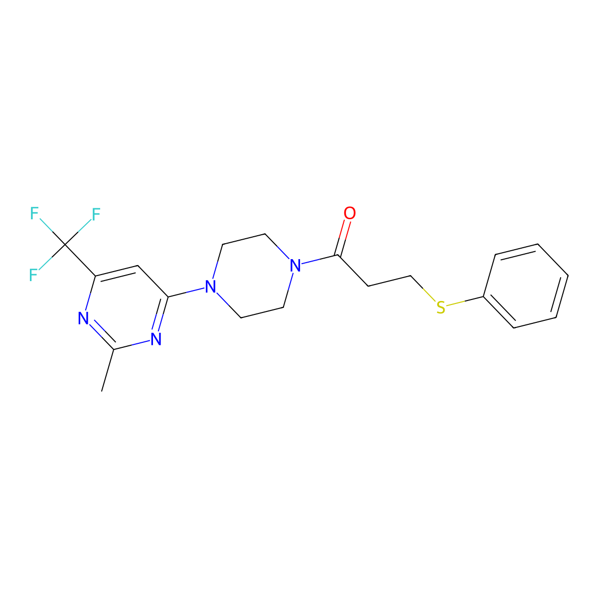 1-(4-(2-Methyl-6-(trifluoromethyl)pyrimidin-4-yl)piperazin-1-yl)-3-(phenylthio)propan-1-one molecular structure, CAS 2034412-80-9