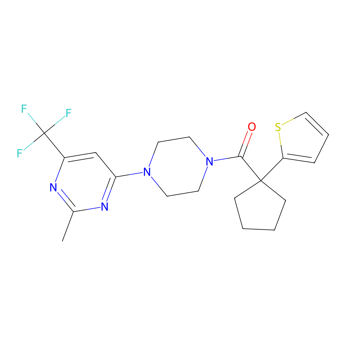(4-(2-Methyl-6-(trifluoromethyl)pyrimidin-4-yl)piperazin-1-yl)(1-(thiophen-2-yl)cyclopentyl)methanone molecular structure, CAS 2034412-84-3