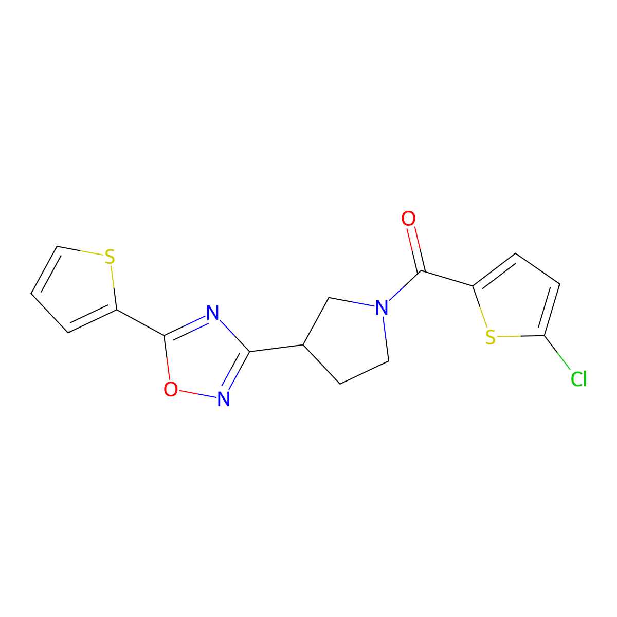 (5-Chlorothiophen-2-yl)(3-(5-(thiophen-2-yl)-1,2,4-oxadiazol-3-yl)pyrrolidin-1-yl)methanone molecular structure, CAS 2034412-86-5