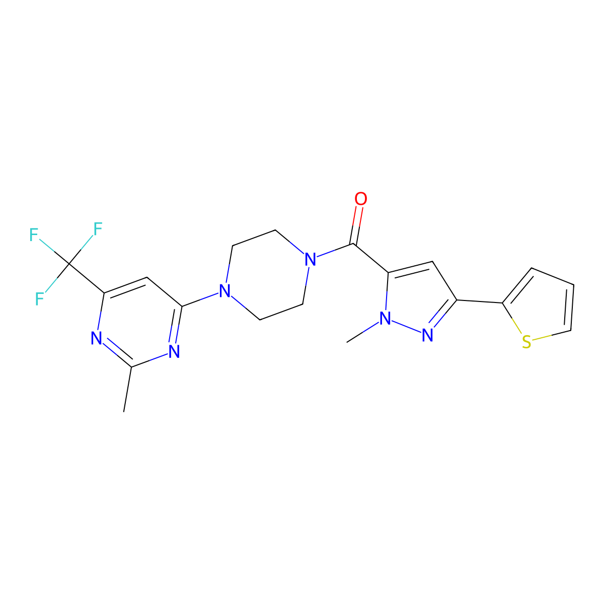 (1-methyl-3-(thiophen-2-yl)-1H-pyrazol-5-yl)(4-(2-methyl-6-(trifluoromethyl)pyrimidin-4-yl)piperazin-1-yl)methanone molecular structure, CAS 2034412-91-2