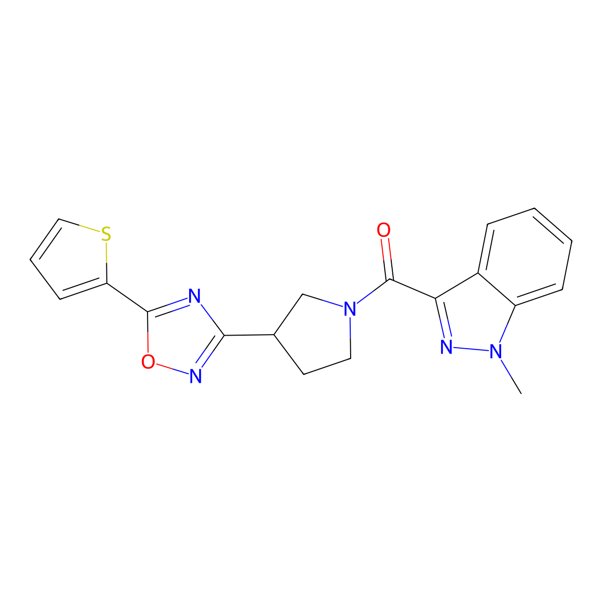 (1-methyl-1H-indazol-3-yl)(3-(5-(thiophen-2-yl)-1,2,4-oxadiazol-3-yl)pyrrolidin-1-yl)methanone molecular structure, CAS 2034412-93-4