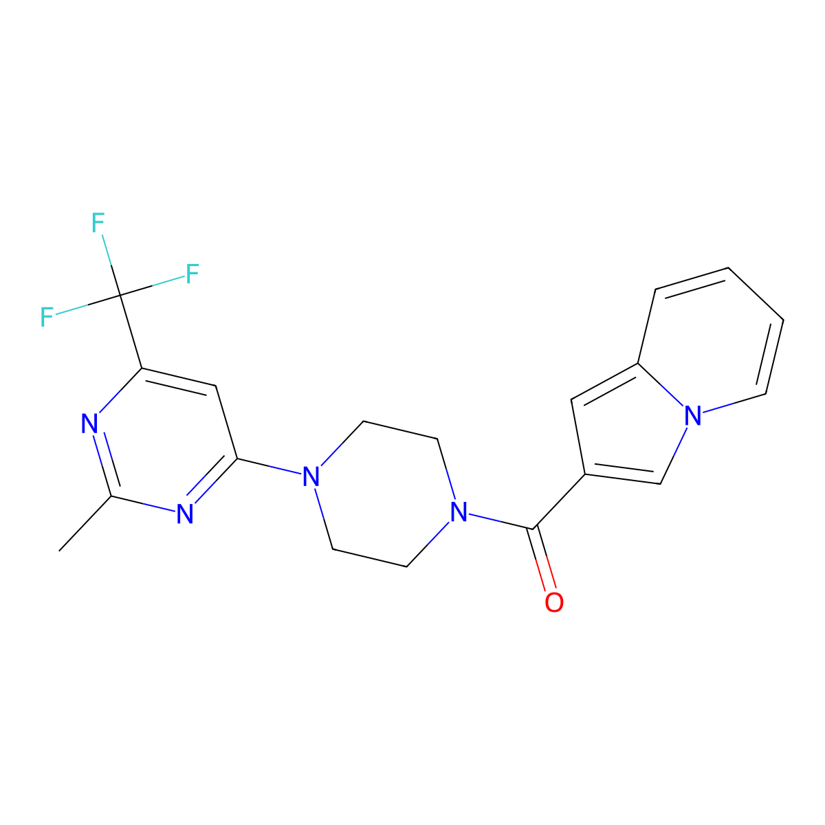 Indolizin-2-yl(4-(2-methyl-6-(trifluoromethyl)pyrimidin-4-yl)piperazin-1-yl)methanone molecular structure, CAS 2034412-98-9