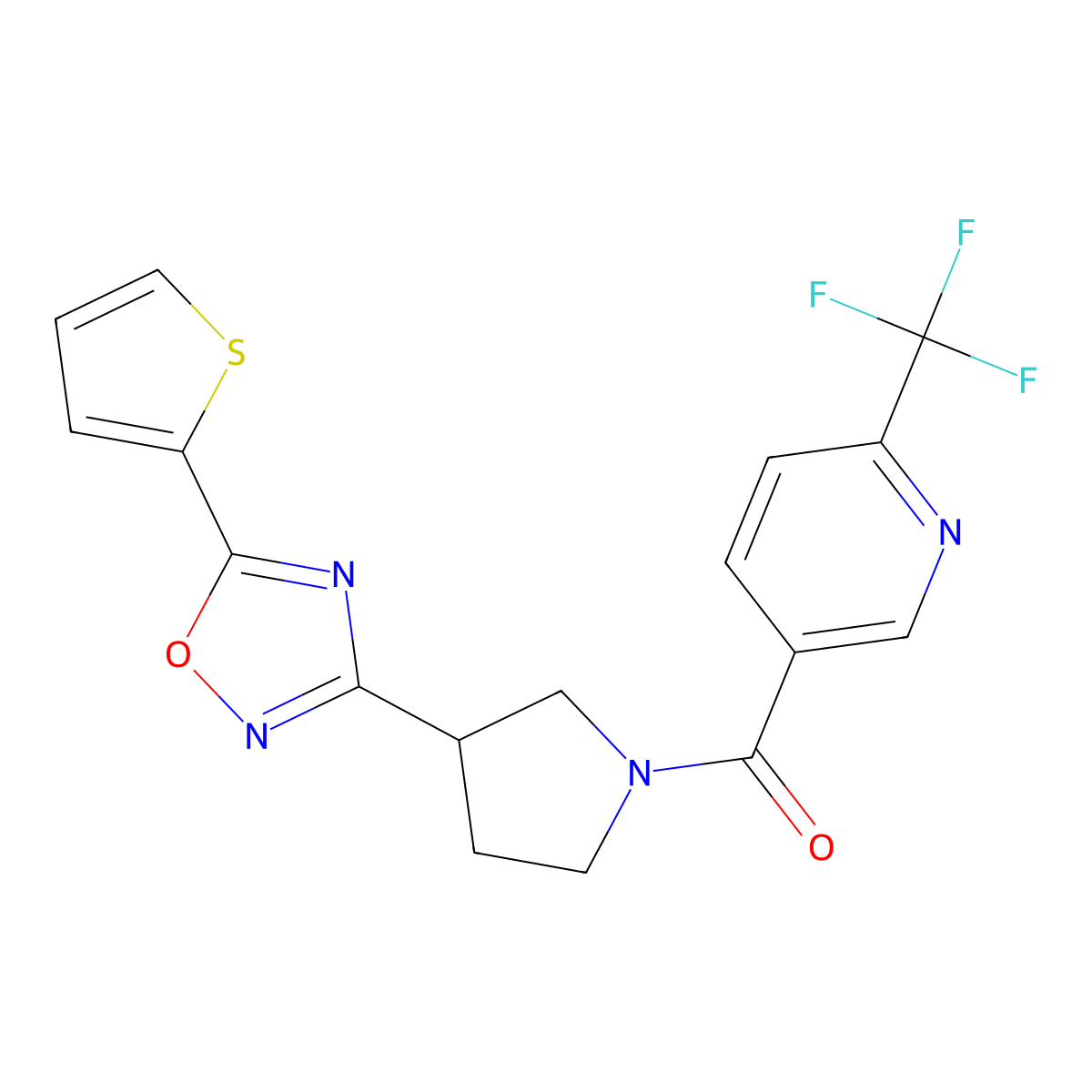 (3-(5-(Thiophen-2-yl)-1,2,4-oxadiazol-3-yl)pyrrolidin-1-yl)(6-(trifluoromethyl)pyridin-3-yl)methanone molecular structure, CAS 2034413-01-7