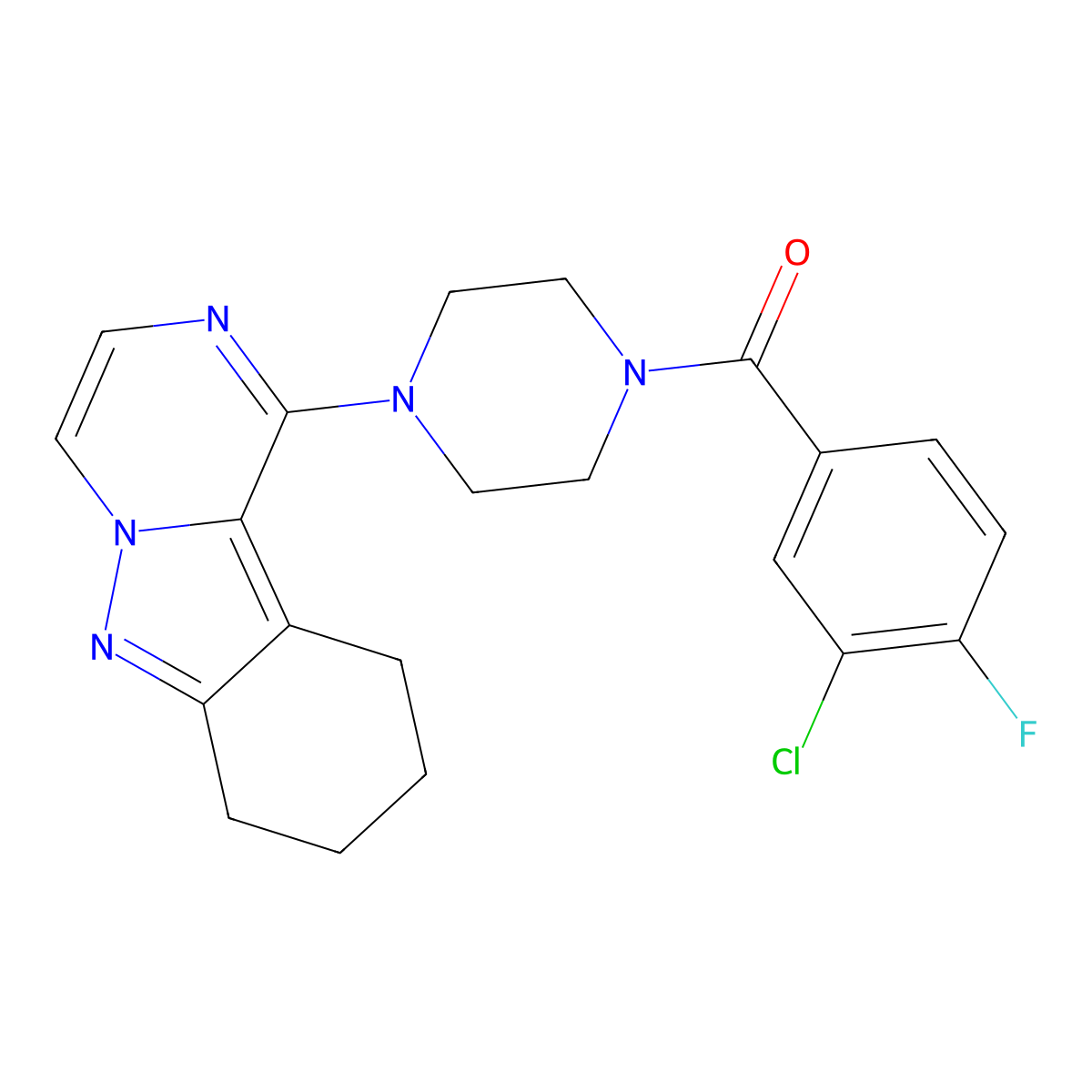 (3-Chloro-4-fluorophenyl)(4-(7,8,9,10-tetrahydropyrazino[1,2-b]indazol-1-yl)piperazin-1-yl)methanone molecular structure, CAS 2034413-02-8